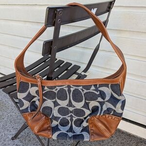 Vintage Coach Denim Signature & Burnished Leather Ergo Hobo Bag Y2K